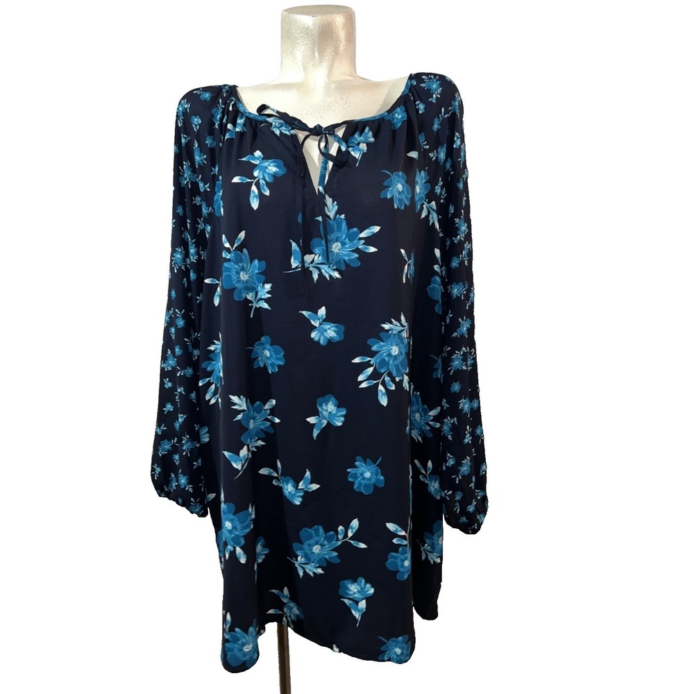 Woman Within Womens 2X Blue Floral Peasant Tunic Blouse Tie Neck Long Sleeve